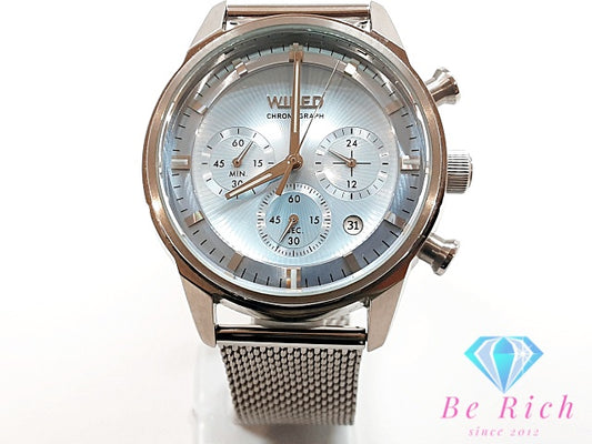 セイコー SEIKO ワイアード TOKYO SORA クロノグラフ デイト AGAT454 VD53-KJJ0 メンズ 腕時計 ライト ブルー 水色 SS メッシュ ブレス アナログ クォーツ QZ ウォッチ トーキョー ソラ WIRED 【中古】【送料無料】 ht6133