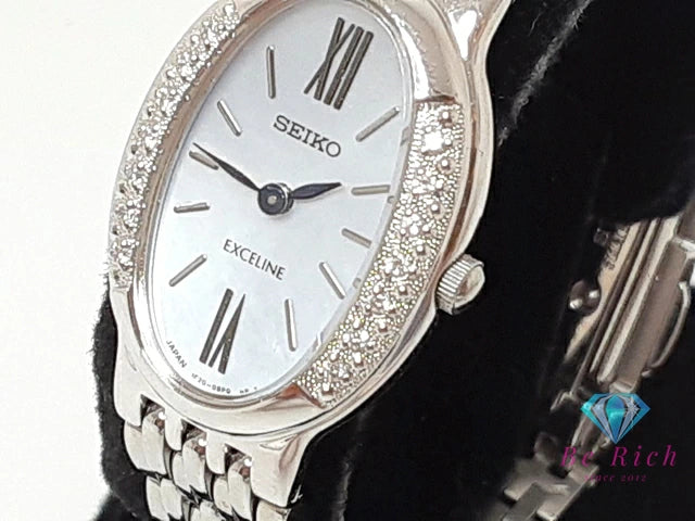 セイコー SEIKO レディース 腕時計 1F20-0BG0 ダイヤ ベゼル 白 ホワイト シェル シルバー SS ブレス アナログ クォーツ QZ ウォッチ 【中古】【送料無料】ht6196
