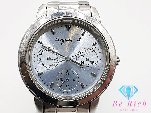 アニエスベー agnes b. トリプル カレンダー デイト V33J-0010 レディース 腕時計 水色 ライト ブルー シルバー SS ブレス アナログ クォーツ QZ ウォッチ  【中古】【送料無料】 ht6276