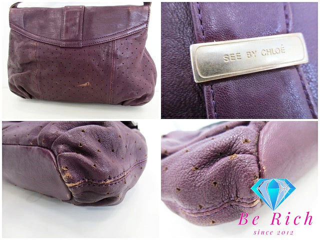 シー バイ クロエ See By Chloe ショルダーバッグ パープル 紫 パンチング レザー リボン ロゴ 斜め掛け 鞄 【中古】【送料無料】 sh1605