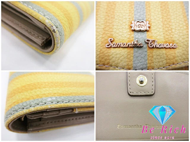 サマンサ タバサ Samantha Thavasa 二つ折り財布 長財布 イエロー グレー ストライプ ロゴ ロング ウォレット  【中古】【送料無料】 sh1633