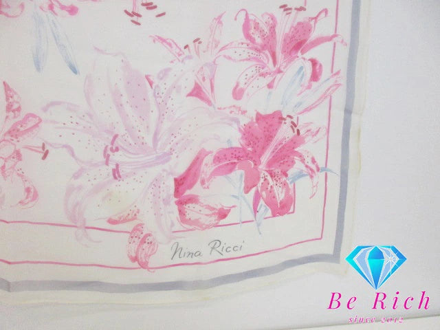 NINA RICCI ニナリッチ シースルー スカーフ ピンク マルチカラー フラワー 花柄 NR ロゴ シルク 絹 巻物 小物 【中古】【送料無料】 sh1663