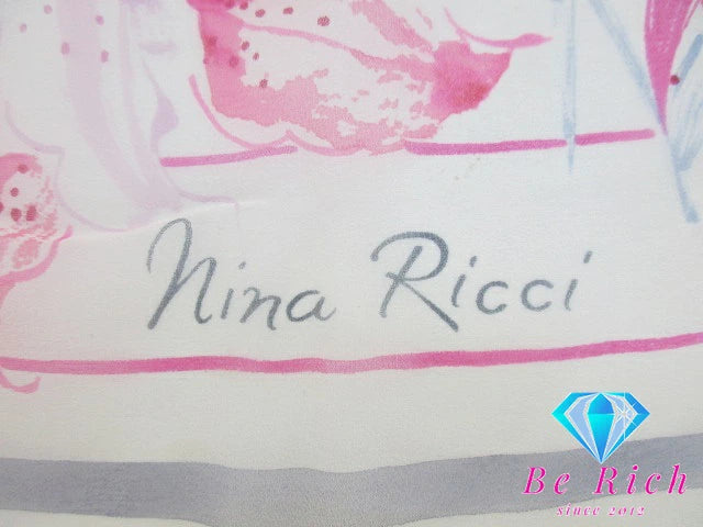NINA RICCI ニナリッチ シースルー スカーフ ピンク マルチカラー フラワー 花柄 NR ロゴ シルク 絹 巻物 小物 【中古】【送料無料】 sh1663