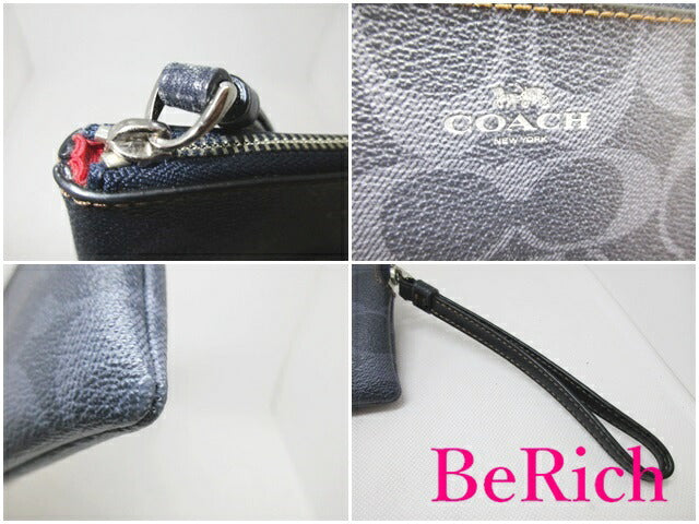 美品 コーチ COACH ポーチ F57996 コーナー ジップ リストレット シグネチャー ネイビー 紺 PVC レザー アクセサリー ストラップ ハンド 【中古】【送料無料】 bc1827