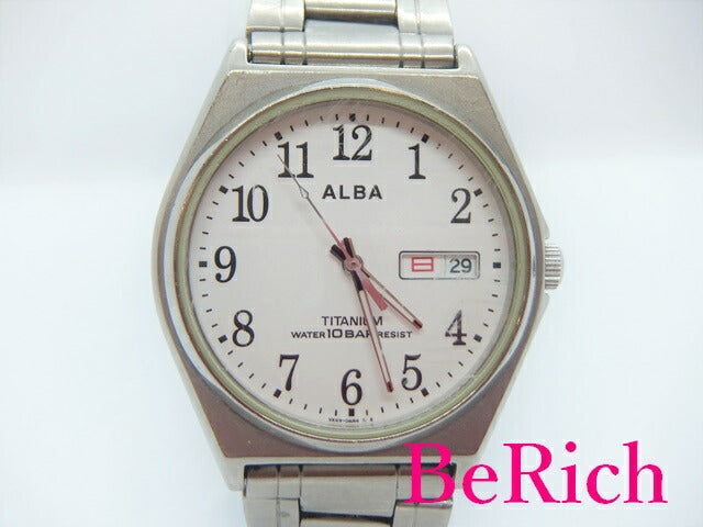 セイコー SEIKO アルバ メンズ 腕時計 VX43-0AG0 白 ホワイト 文字盤 チタン シルバー クォーツ デイデイト ウォッチ 時計 ALBA 【中古】【送料無料】 ht4154