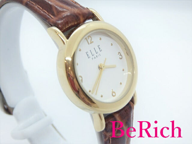 エル ELLE レディース 腕時計 EL105010 白 ホワイト 文字盤 レザー 茶 ブラウン SS クォーツ QZ 【中古】 【送料無料】 ht3581